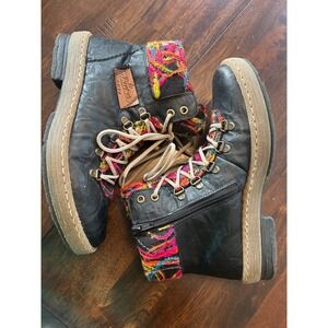 Rieker 1874 Black Leather Knit Collar Lace Up Side Zip Ankle Boots Womens 39